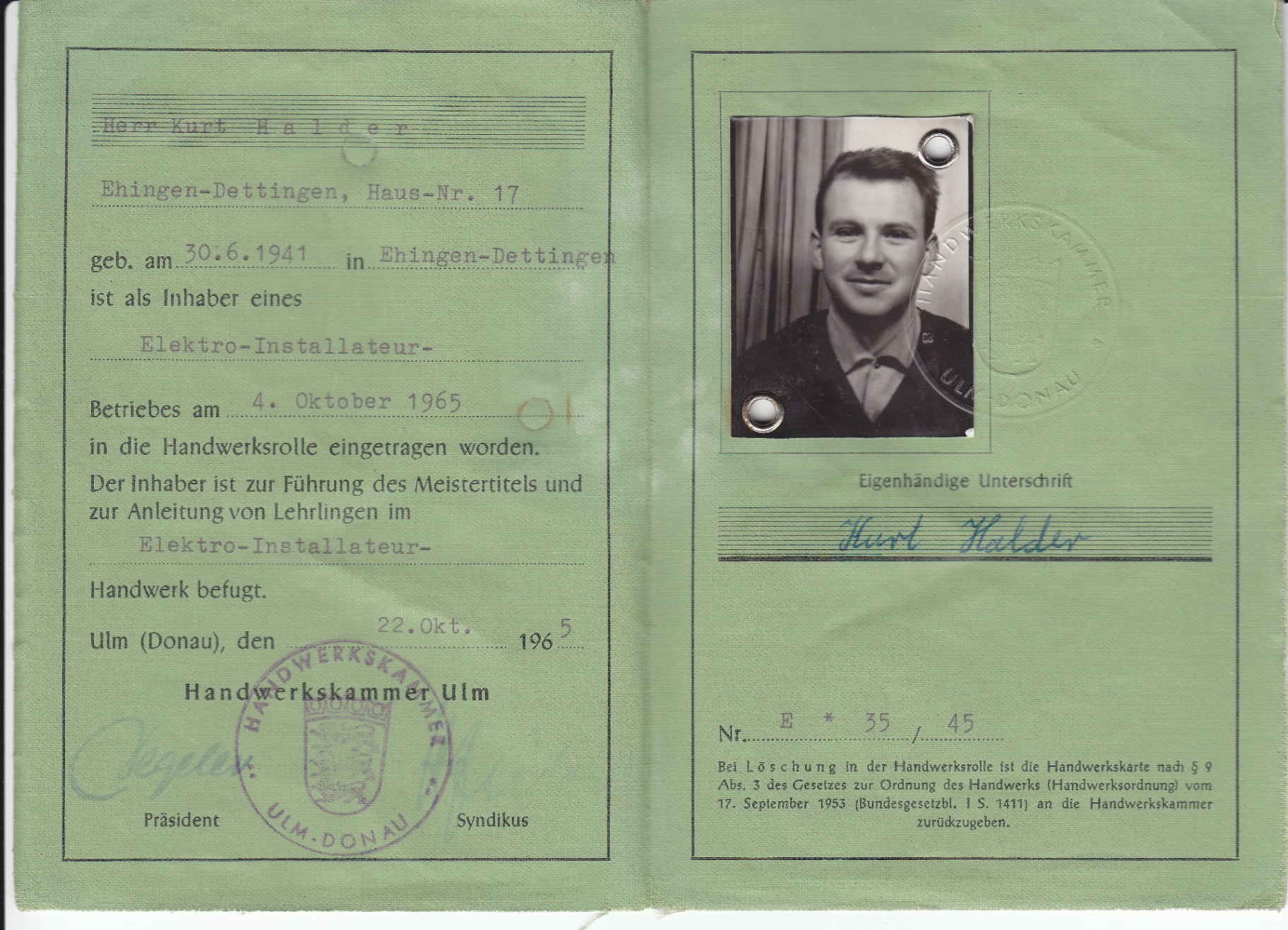 Gründungsbrief / Handwerkskarte Kurt Halder, 1965