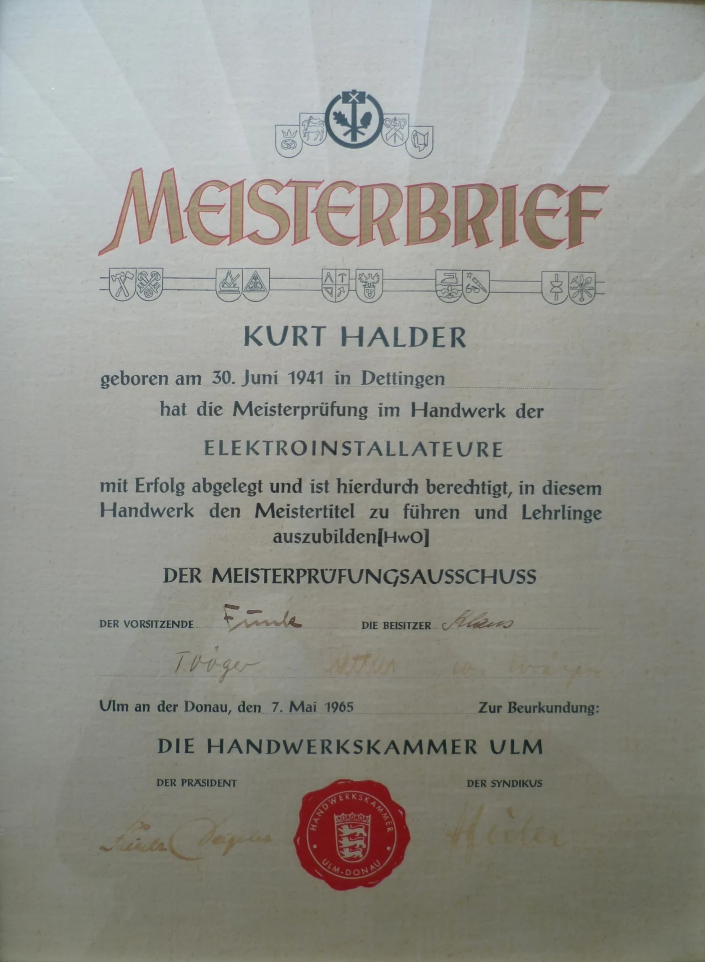 Meisterbrief des Gründers Kurt Halder